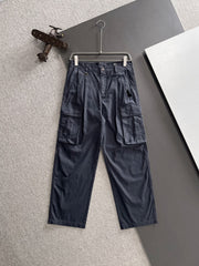 Men's Black Wide‑Leg Cargo Pants, Multi Pockets Rider Embroidery Casual Trousers