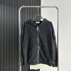 Stone Island Washed Zip-Up Hoodie with Purple Compass Badge