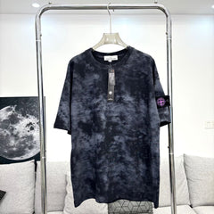 Stone Island Garment-Washed Cloud Pattern Oversized Cotton Tee with Compass Badge