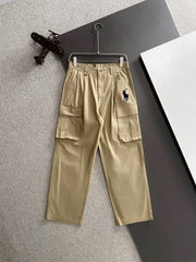 Men's Black Wide‑Leg Cargo Pants, Multi Pockets Rider Embroidery Casual Trousers