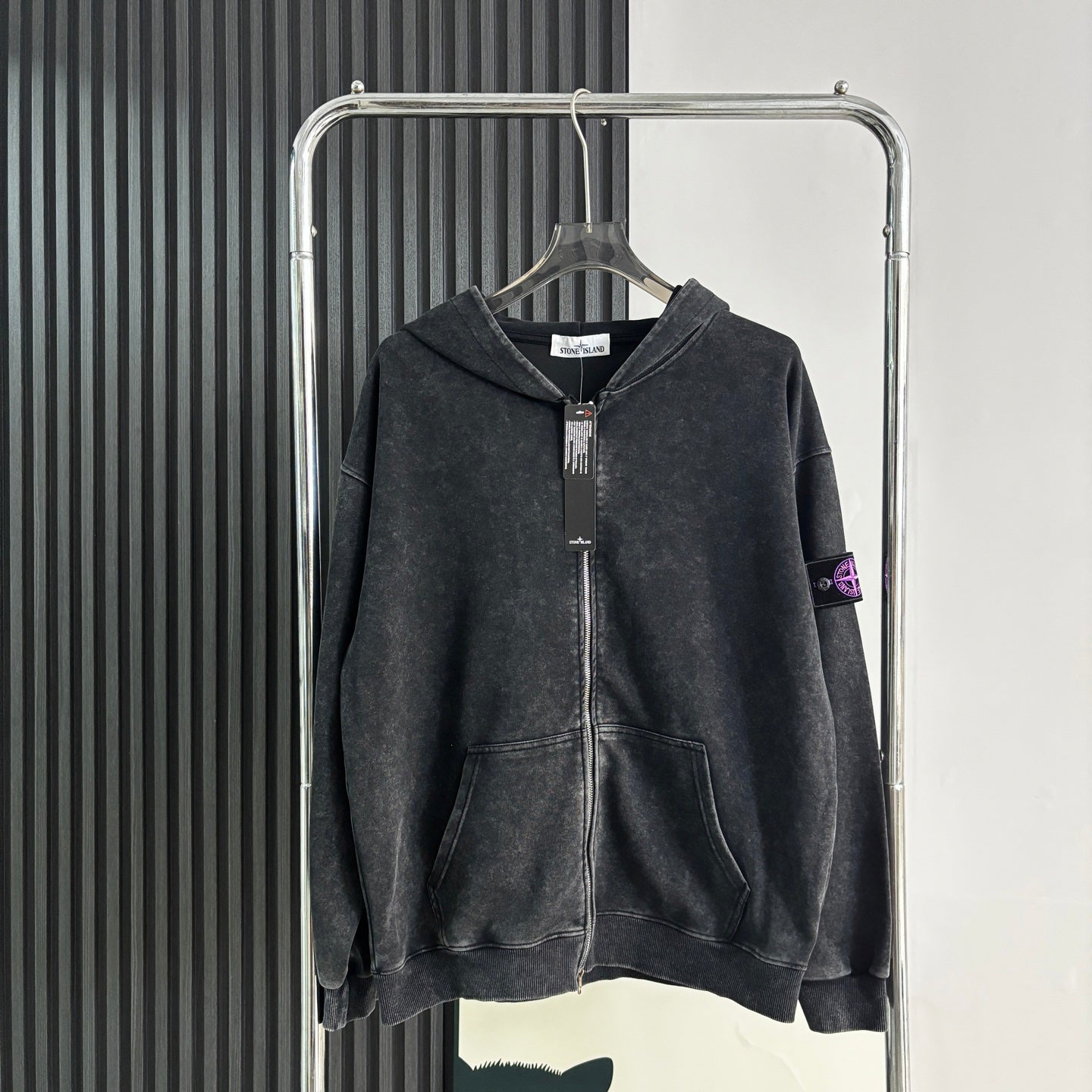 Stone Island Washed Zip-Up Hoodie with Purple Compass Badge