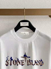 Stone Island Distressed Ink-Wash Compass Star Wordmark Print T-Shirt