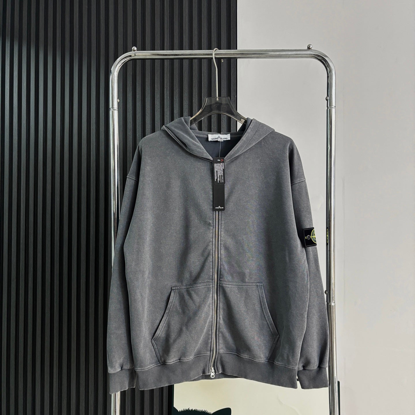 Stone Island Washed Zip-Up Hoodie with Purple Compass Badge