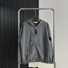 Stone Island Washed Zip-Up Hoodie with Purple Compass Badge